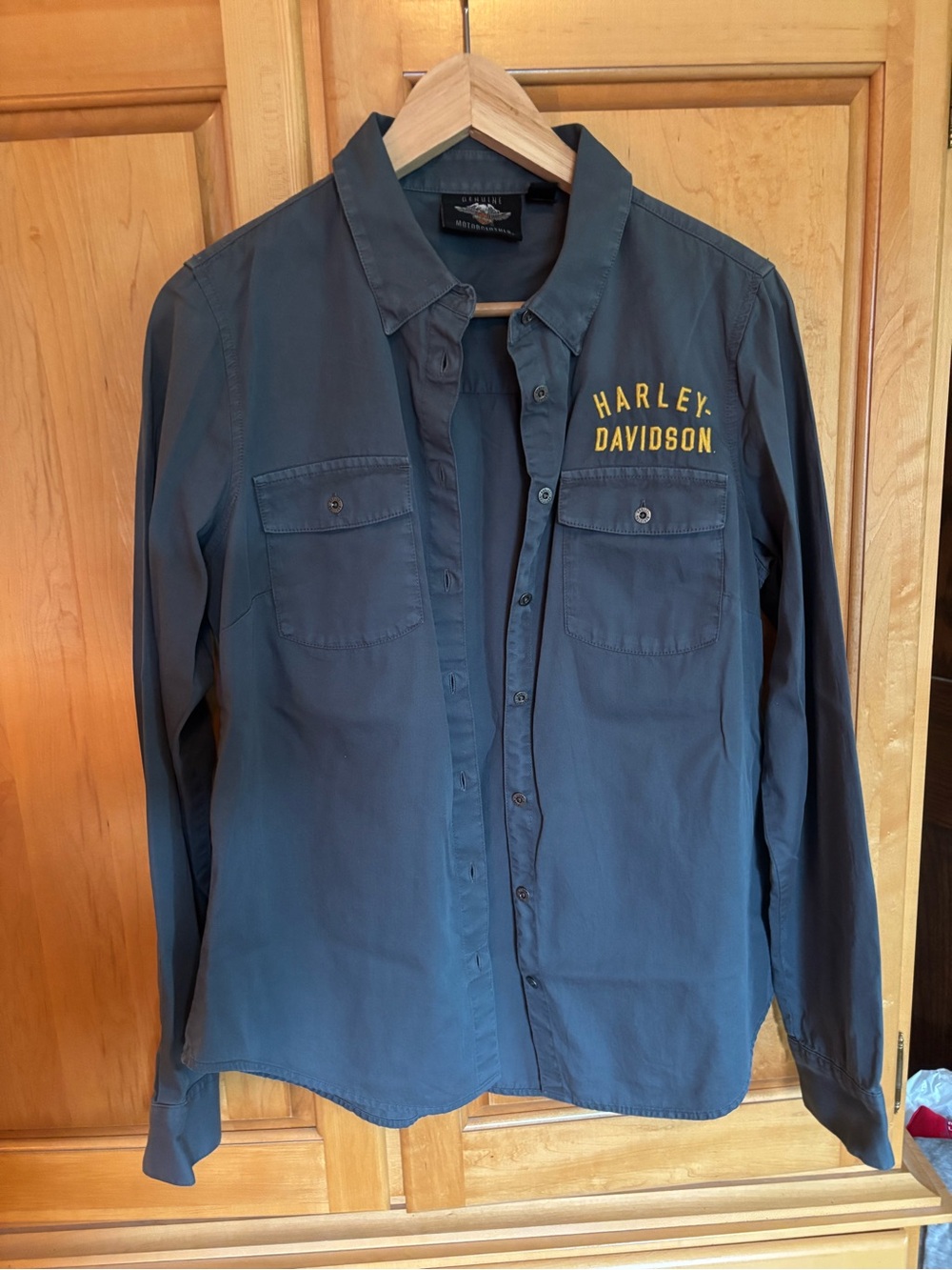 Harley-Davidson Women’s Slate Blue Long-Sleeve Button-Down with Yellow Logo